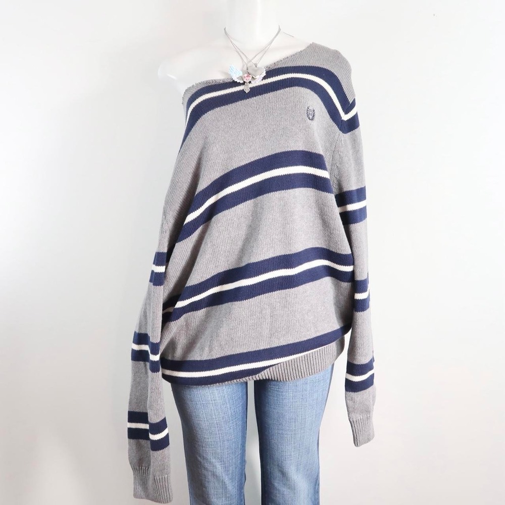 chap's vintage grey off the shoulder striped knit sweater